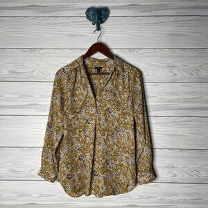 Ann Taylor Mustard Yellow Floral Print V Neck Long Slv Blouse MP Medium Petite